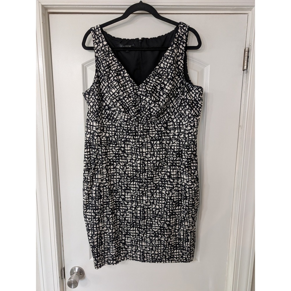 Lafayette 148 New York Black White Grid Print V-Neck Cotton Sheath Dress 16